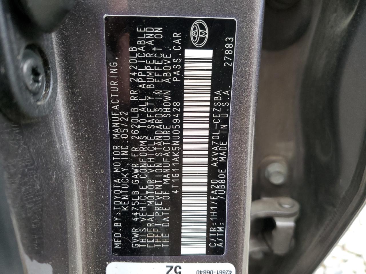 2022 TOYOTA CAMRY SE VIN:4T1G11AK5NU059428