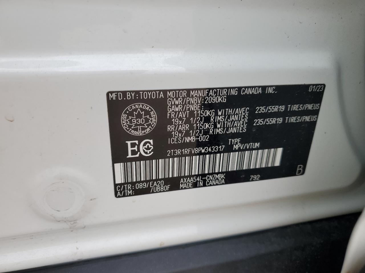 2023 TOYOTA RAV4 XLE VIN:2T3R1RFV8PW343317