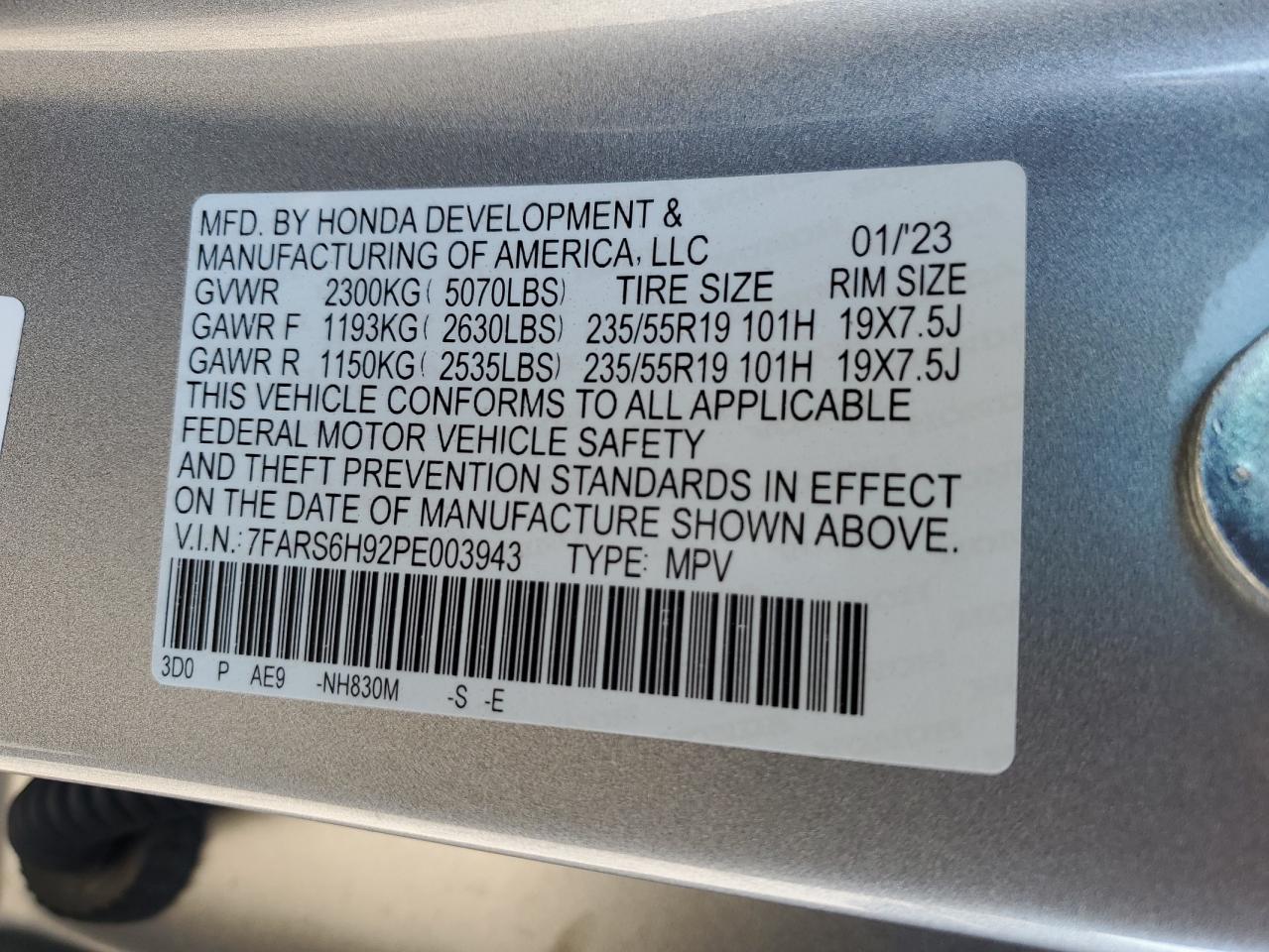 2023 HONDA CR-V SPORT TOURING VIN:7FARS6H92PE003943