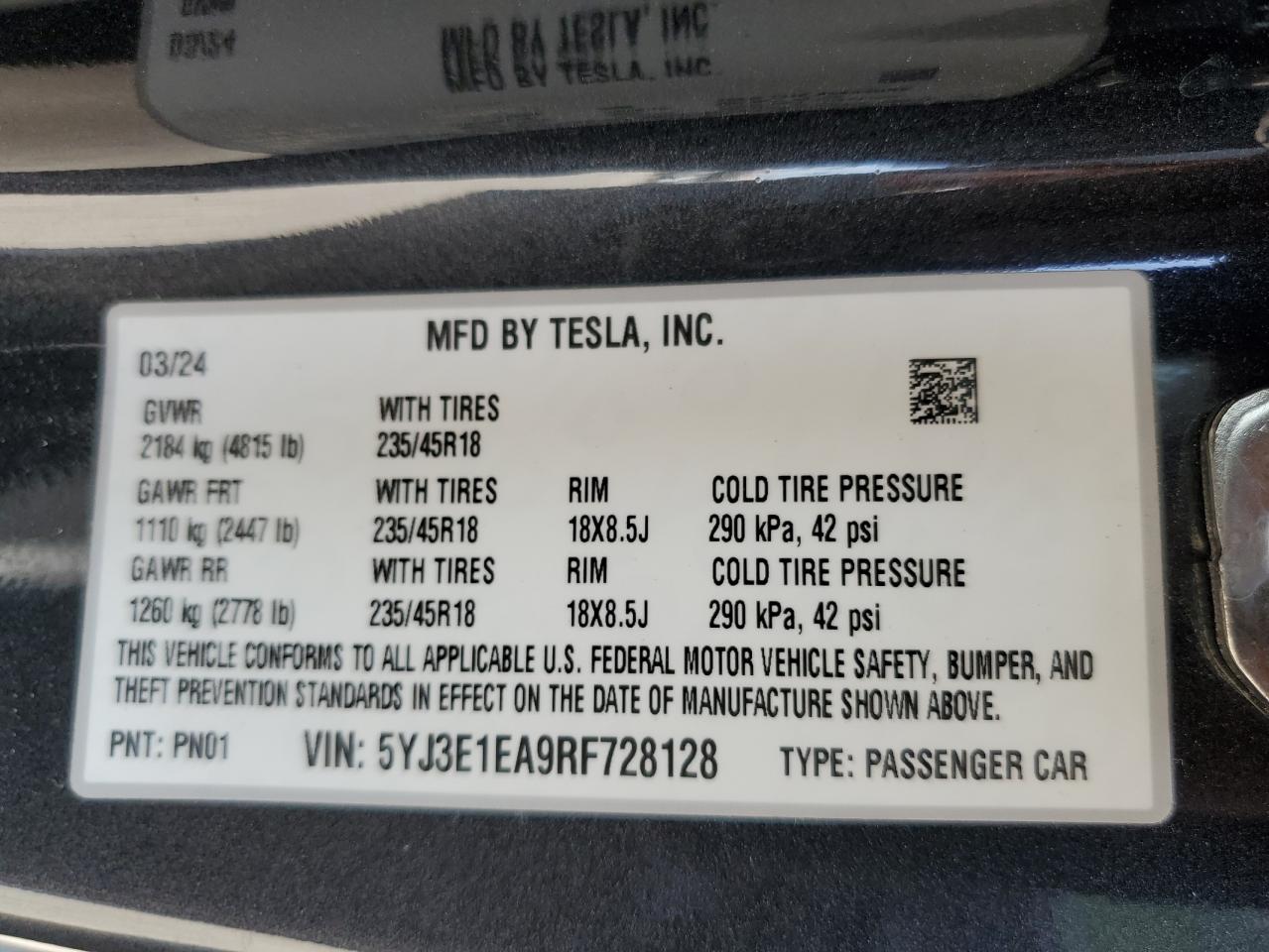2024 TESLA MODEL 3 VIN:5YJ3E1EA9RF728128