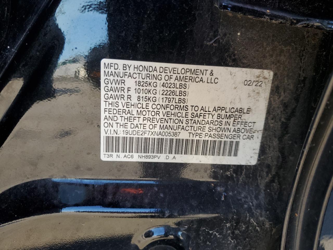 2022 ACURA ILX PREMIUM VIN:19UDE2F7XNA005387