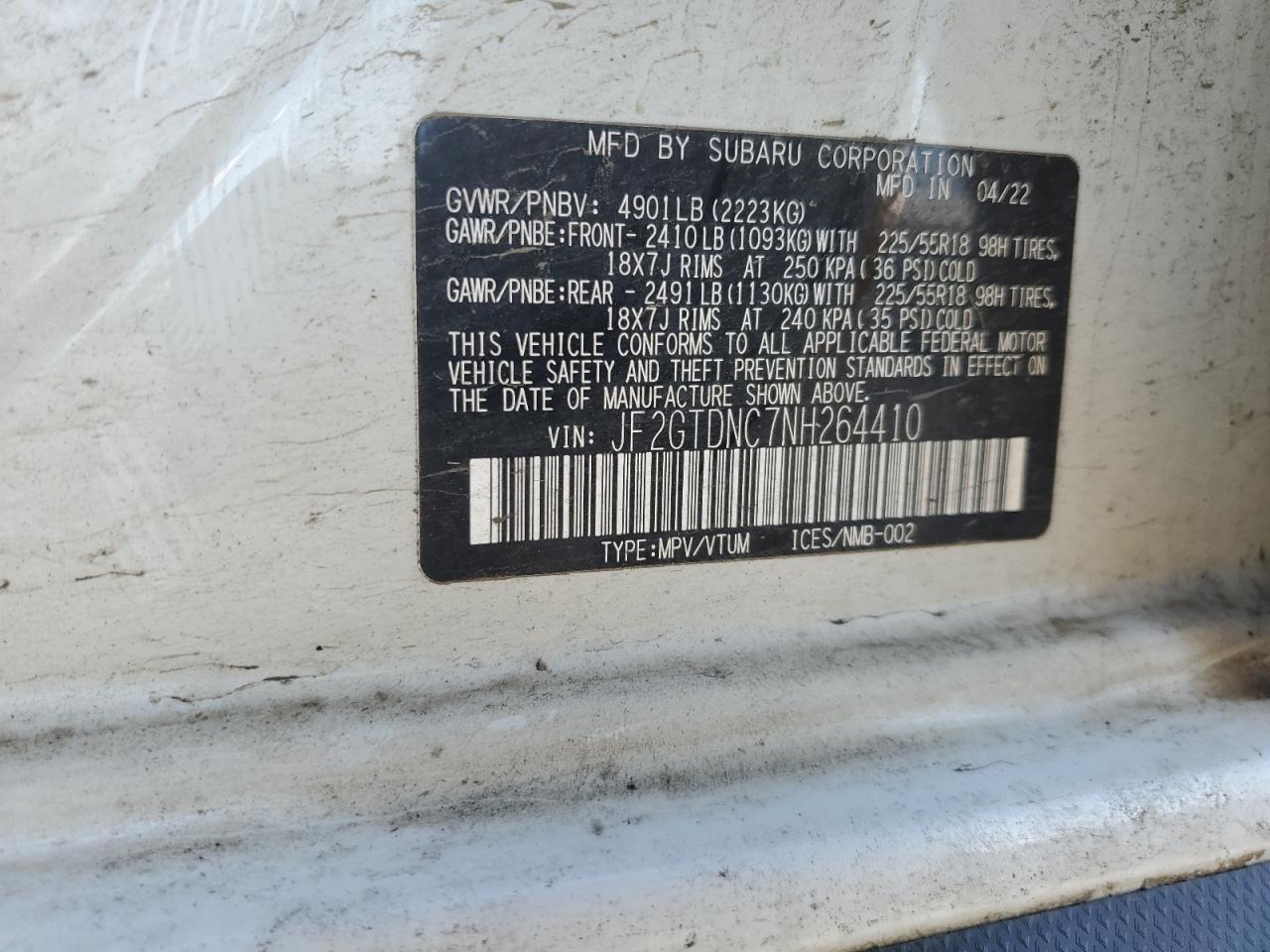 2022 SUBARU CROSSTREK LIMITED VIN:JF2GTDNC7NH264410