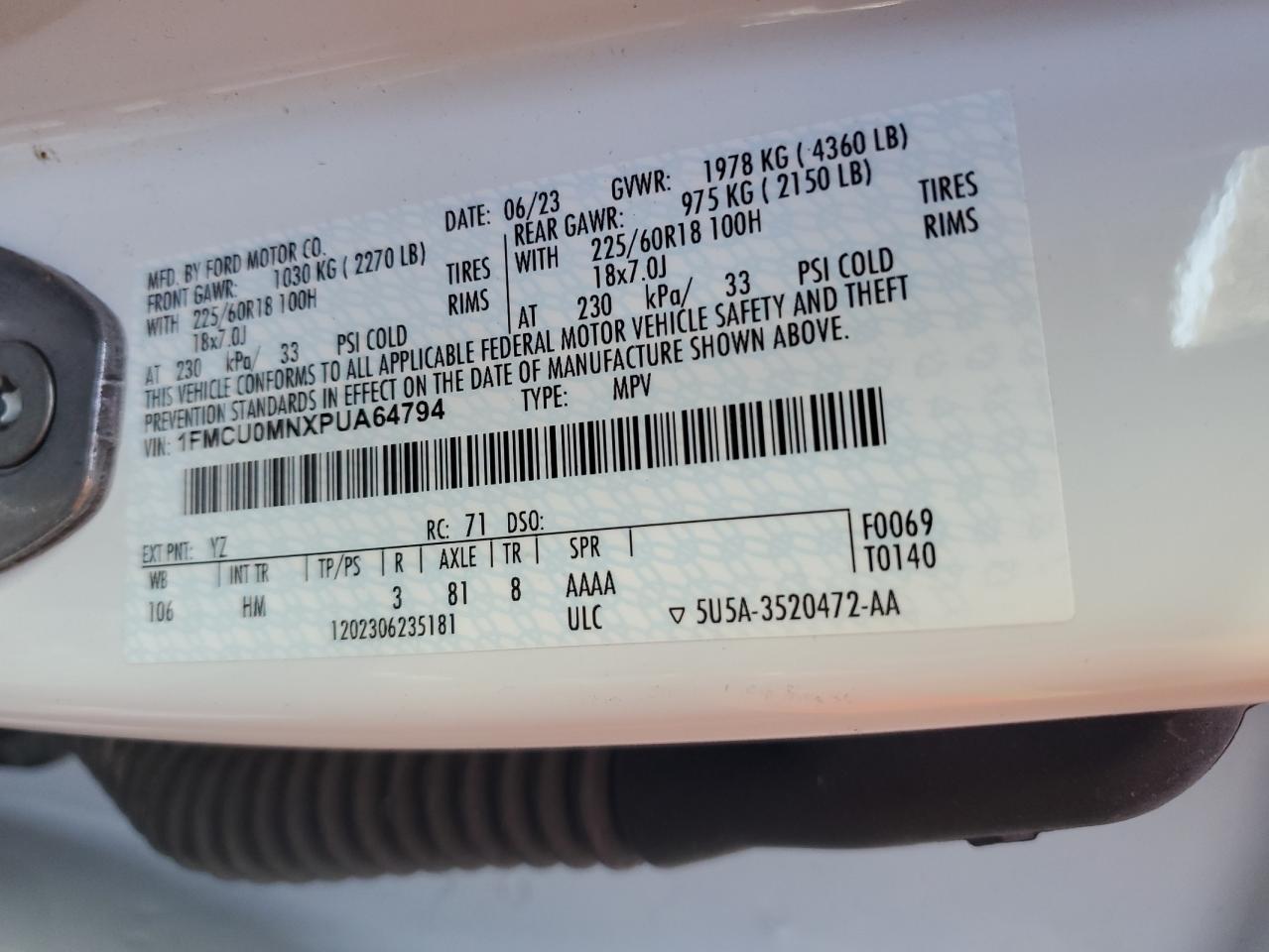 2023 FORD ESCAPE ST LINE VIN:1FMCU0MNXPUA64794