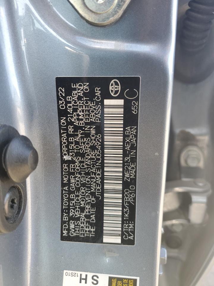 2022 TOYOTA COROLLA LE VIN:JTDEAMDE1NJ054926