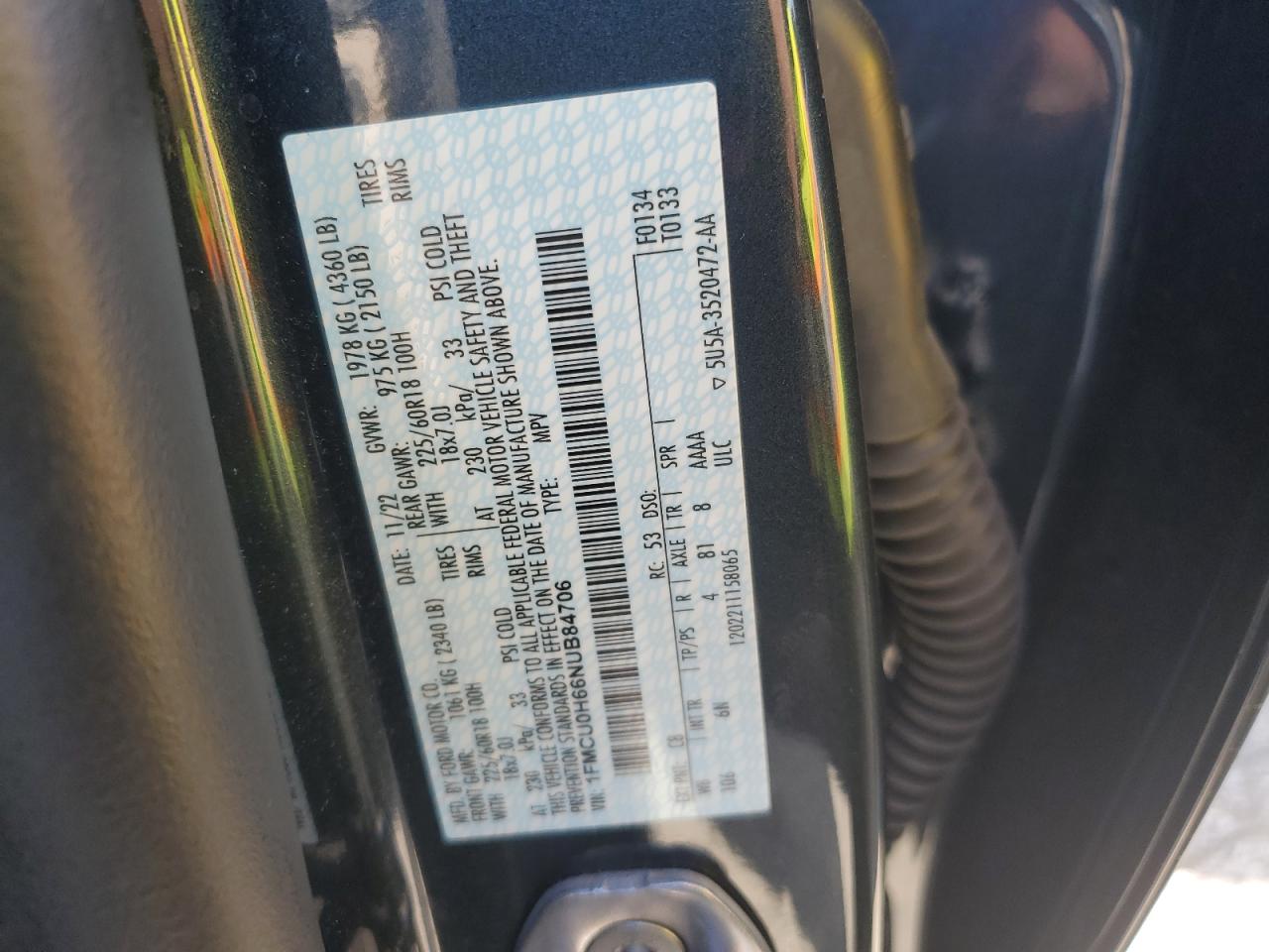 2022 FORD ESCAPE SEL VIN:1FMCU0H66NUB84706