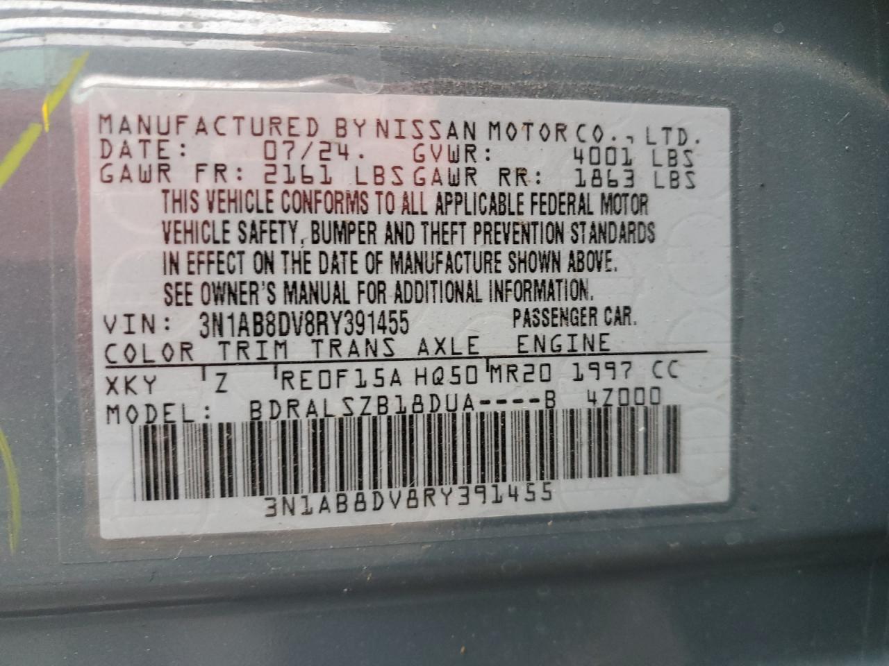 2024 NISSAN SENTRA SR VIN:3N1AB8DV8RY391455