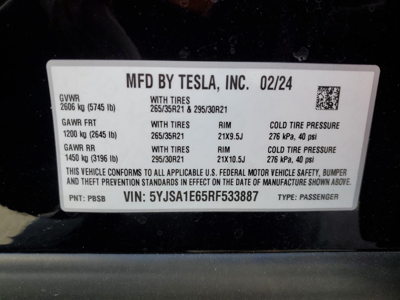 2024 TESLA MODEL S VIN:5YJSA1E65RF533887