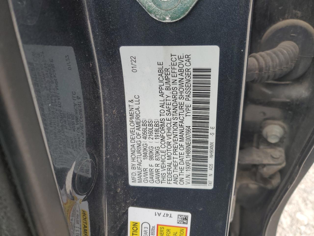 2022 HONDA CIVIC SPORT TOURING VIN:19XFL1H86NE007664