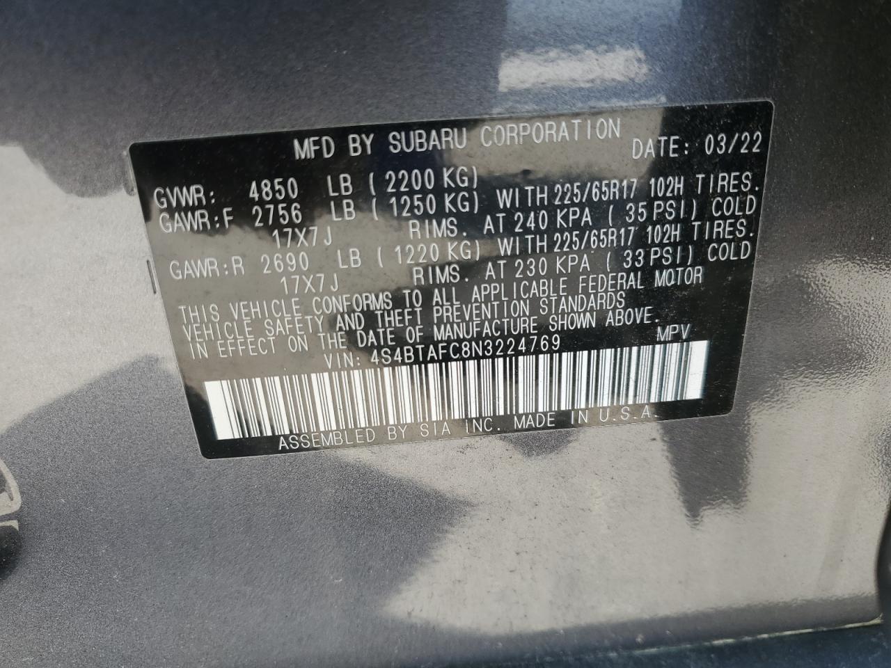 2022 SUBARU OUTBACK PREMIUM VIN:4S4BTAFC8N3224769