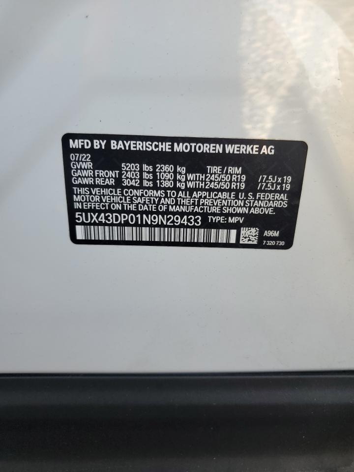 2022 BMW X3 SDRIVE30I VIN:5UX43DP01N9N29433