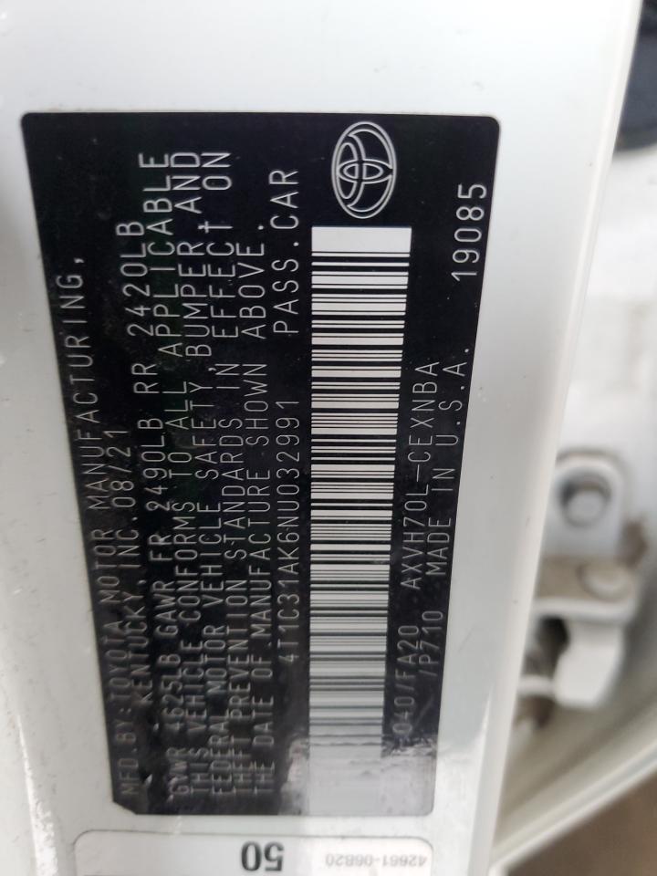 2022 TOYOTA CAMRY LE VIN:4T1C31AK6NU032991