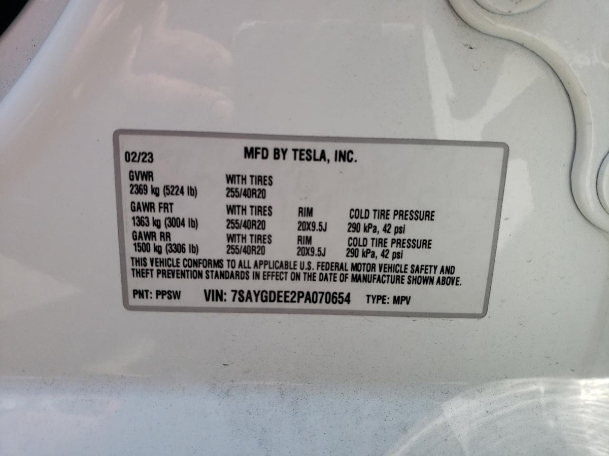 2023 TESLA MODEL Y VIN:WP0AA2A8XNS255297