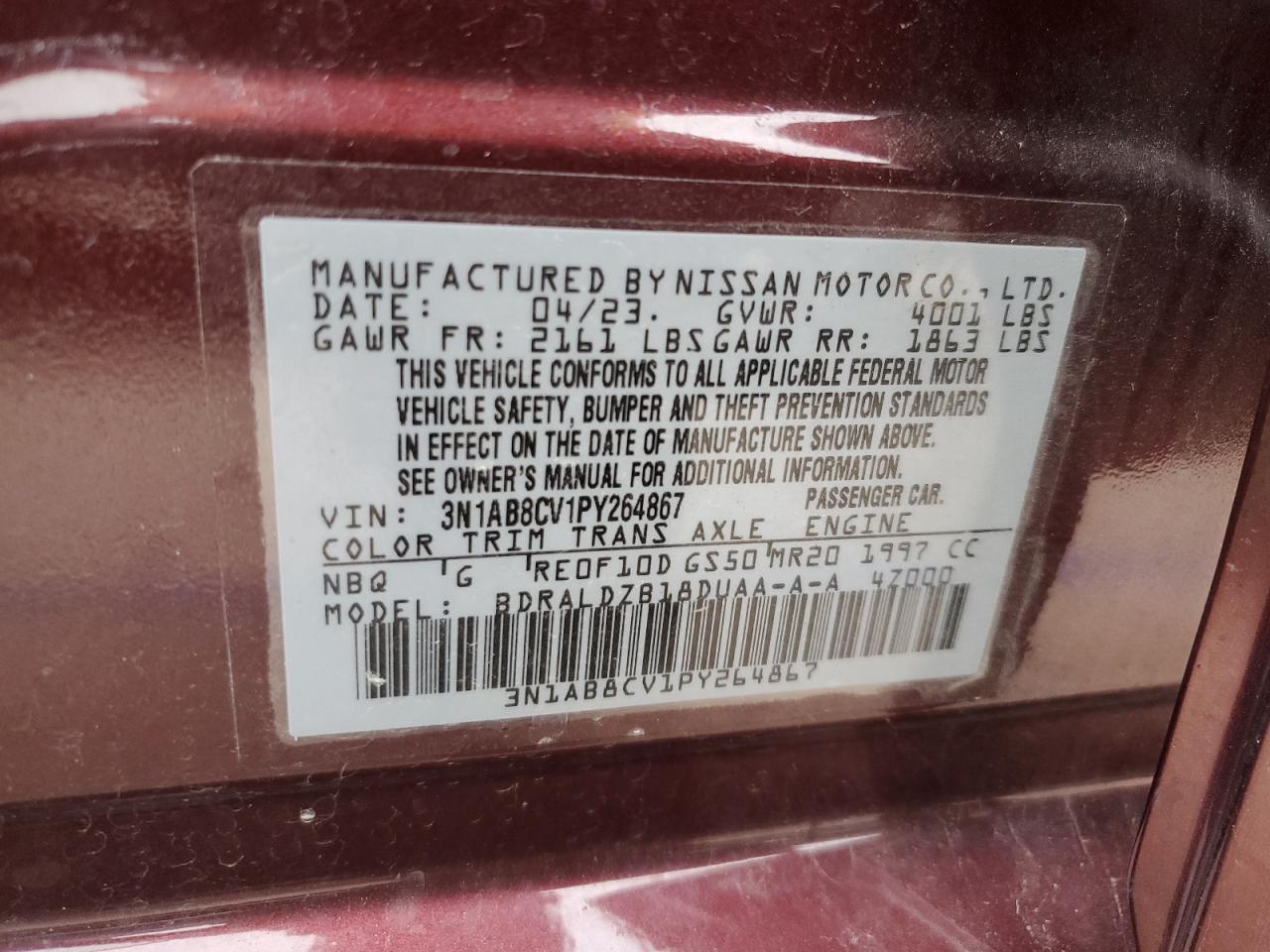 2023 NISSAN SENTRA SV VIN:3N1AB8CV1PY264867