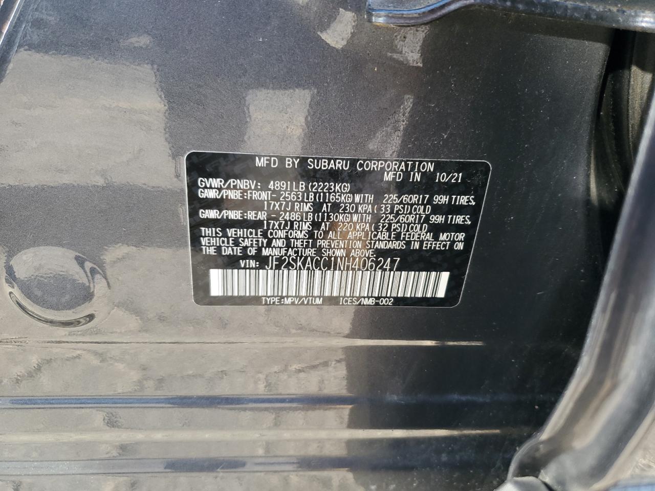 2022 SUBARU FORESTER VIN:JF2SKACC1NH406247