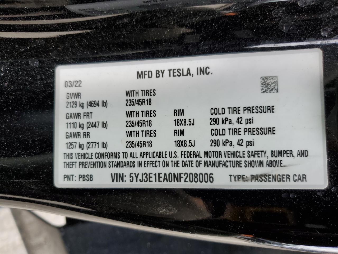 2022 TESLA MODEL 3 VIN:5YJ3E1EA0NF208006