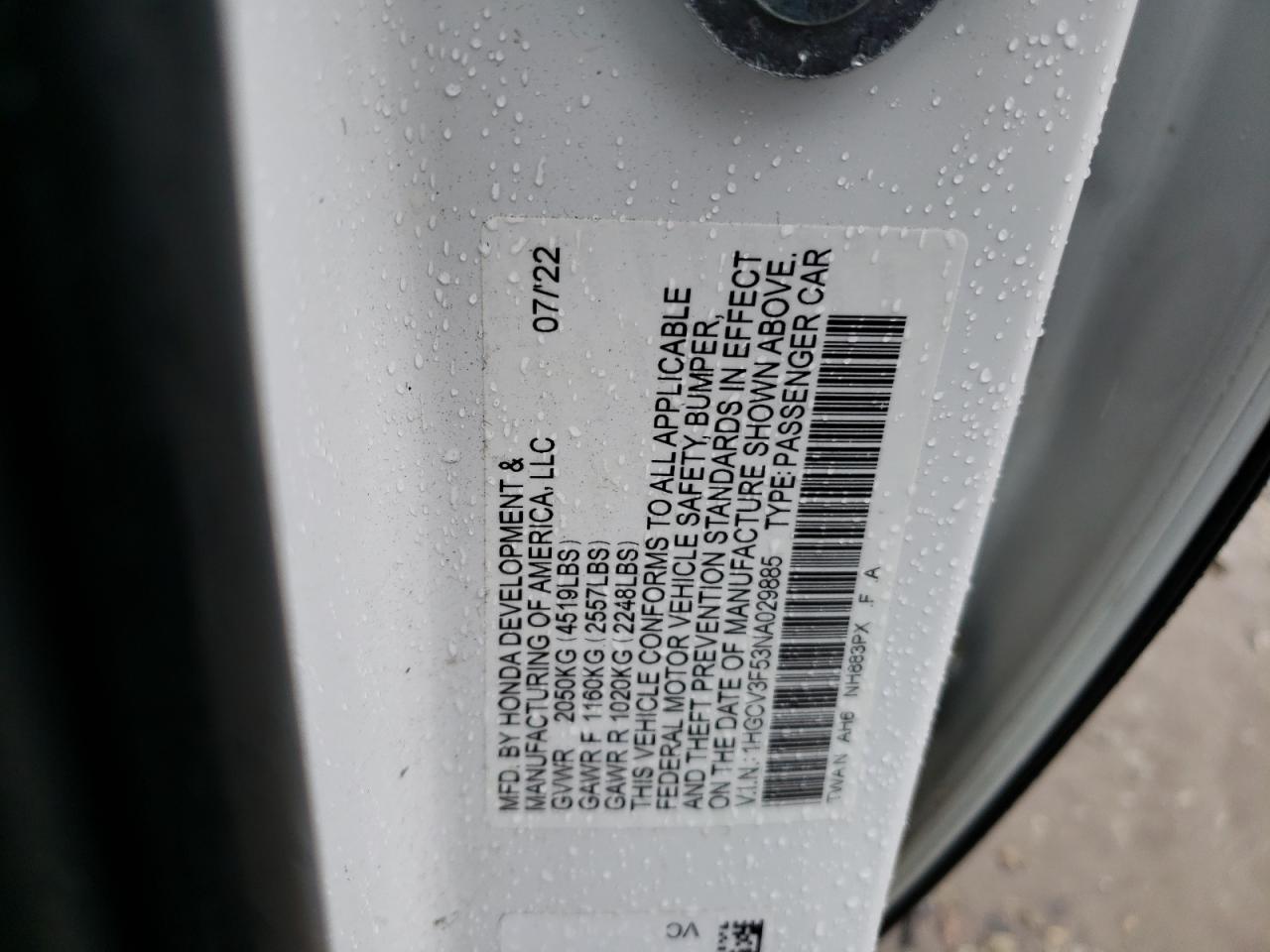 2022 HONDA ACCORD HYBRID EXL VIN:1HGCV3F53NA029885