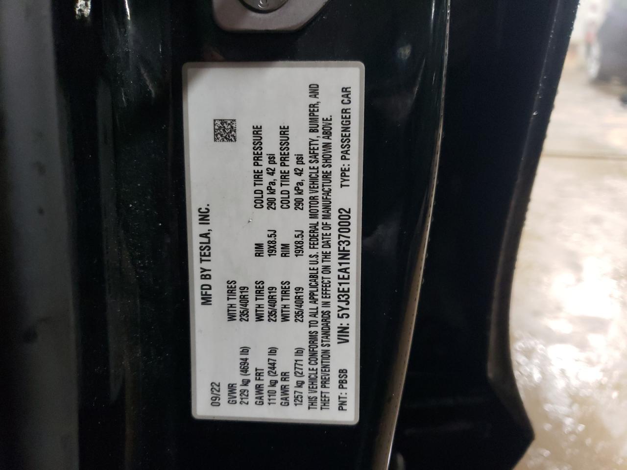 2022 TESLA MODEL 3 VIN:5YJ3E1EA1NF370002