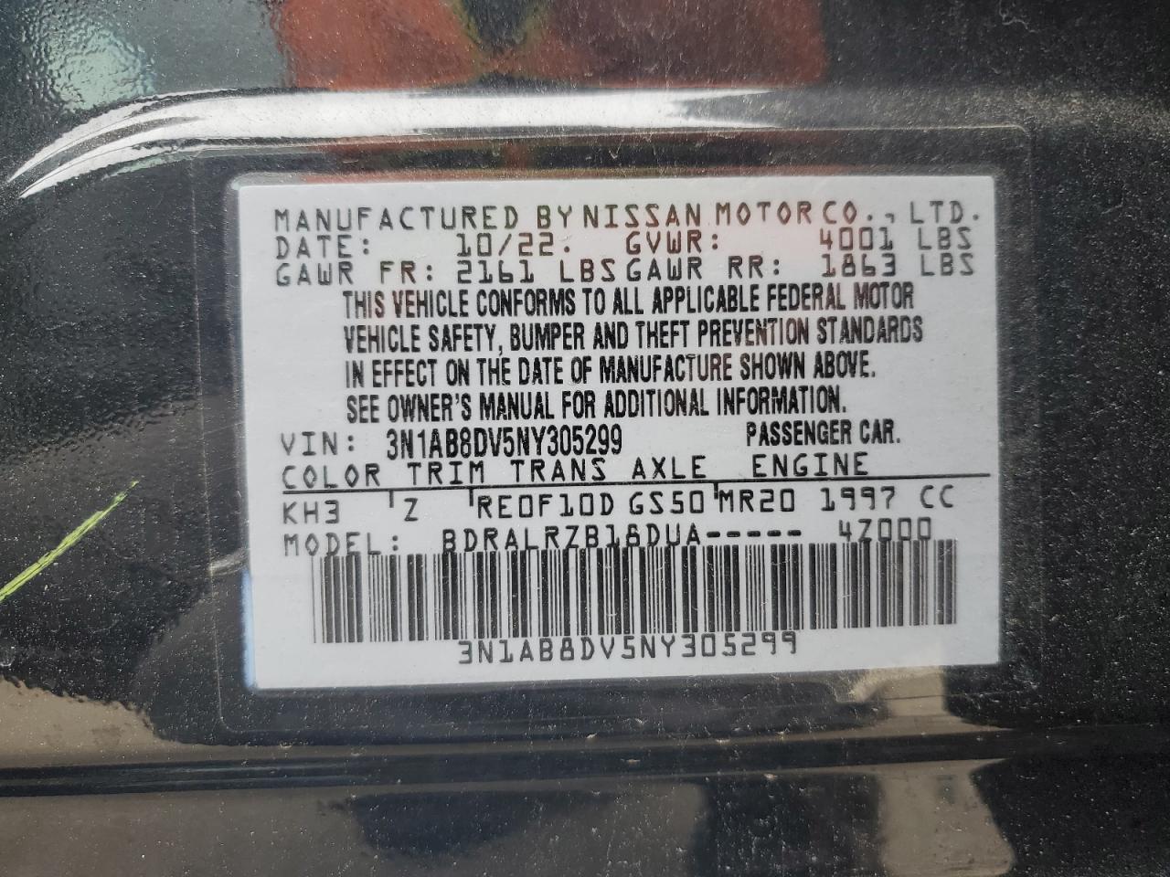 2022 NISSAN SENTRA SR VIN:3N1AB8DV5NY305299