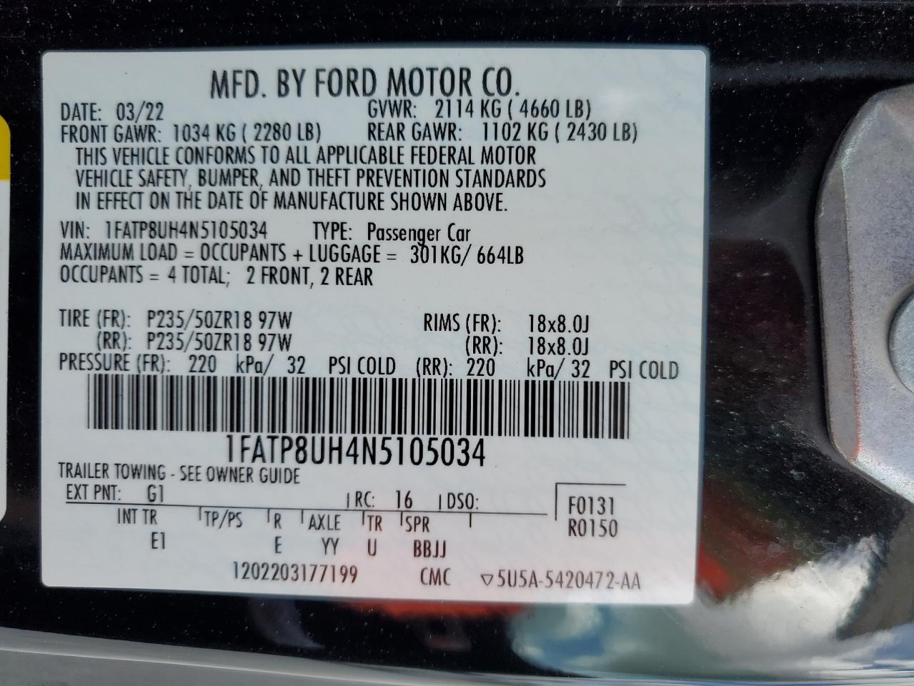 2022 FORD MUSTANG VIN:1FATP8UH4N5105034