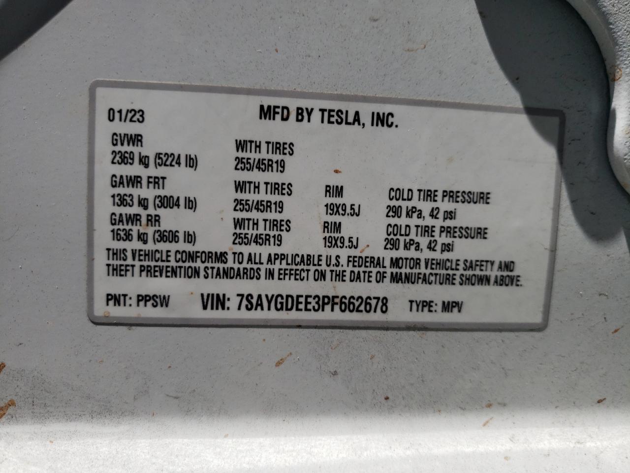 2023 TESLA MODEL Y VIN:7SAYGDEE3PF662678