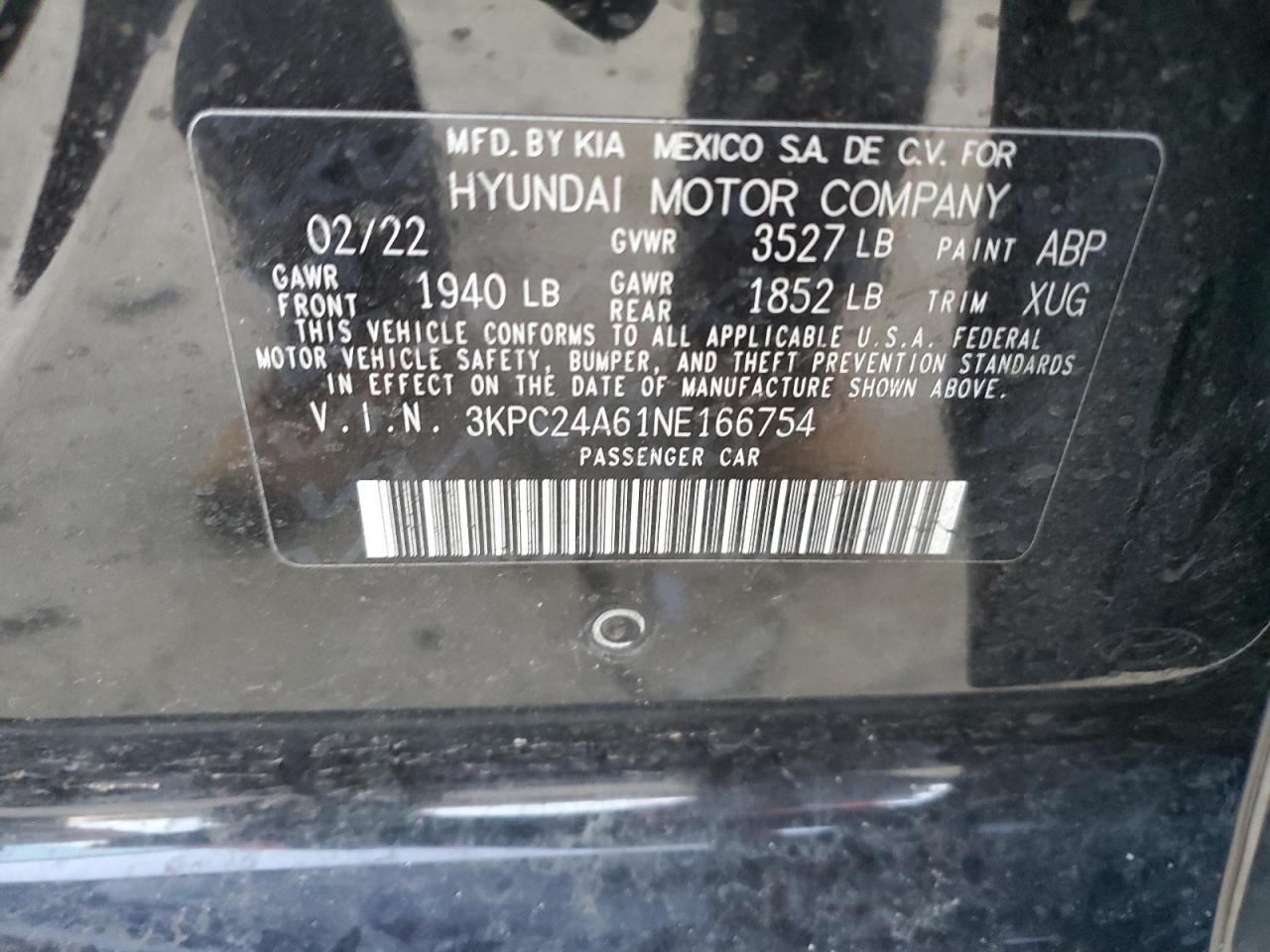 2022 HYUNDAI ACCENT SE VIN:3KPC24A61NE166754