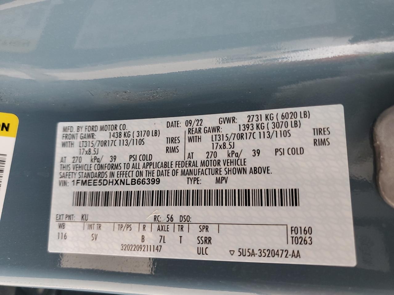 2022 FORD BRONCO BASE VIN:1FMEE5DHXNLB66399
