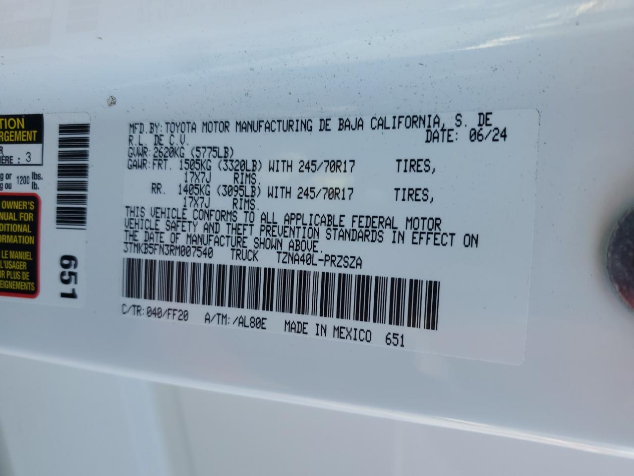 2024 TOYOTA TACOMA DOUBLE CAB VIN:3TMKB5FN3RM007540