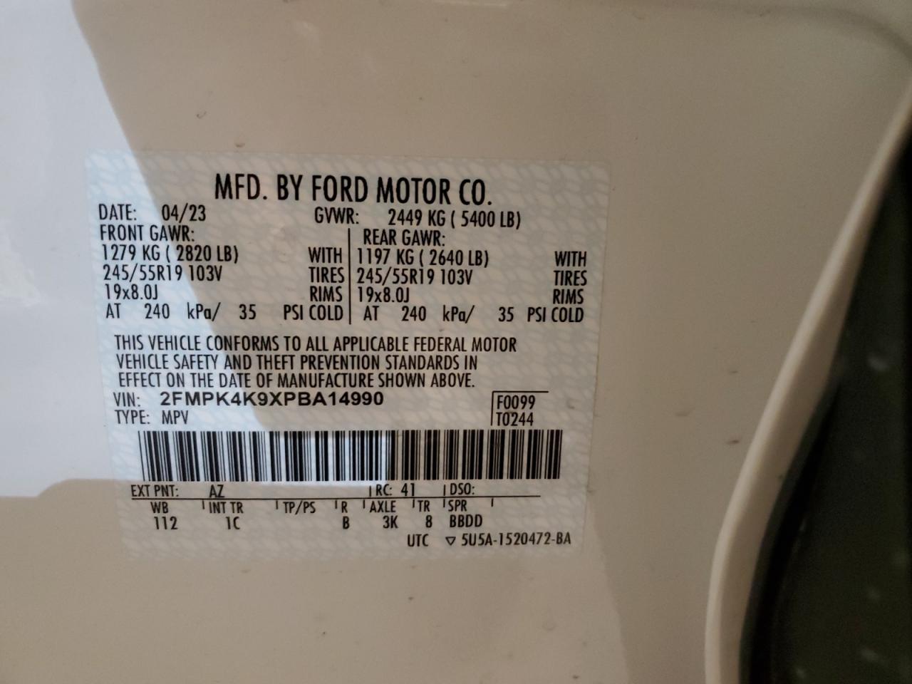 2023 FORD EDGE TITANIUM VIN:2FMPK4K9XPBA14990