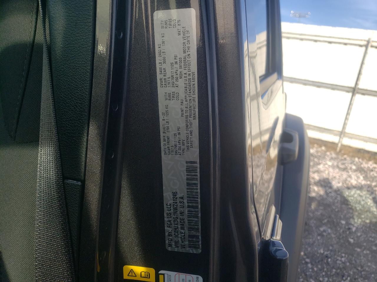 2022 JEEP WRANGLER UNLIMITED SPORT VIN:1C4HJXDG1NW241246