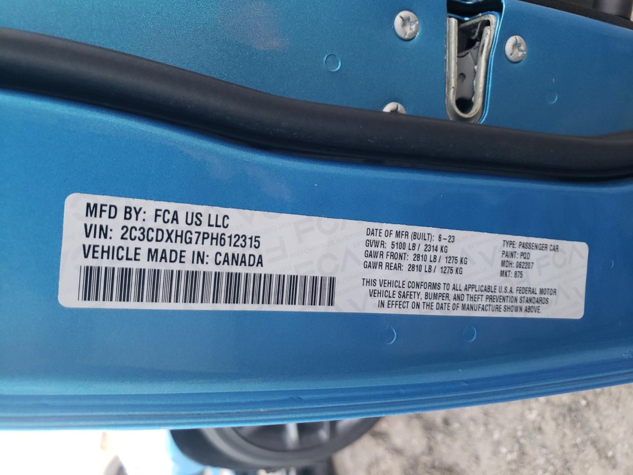 2023 DODGE CHARGER GT VIN:2C3CDXHG7PH612315