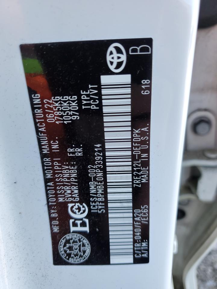 2022 TOYOTA COROLLA LE VIN:5YFBPMBE0NP339214