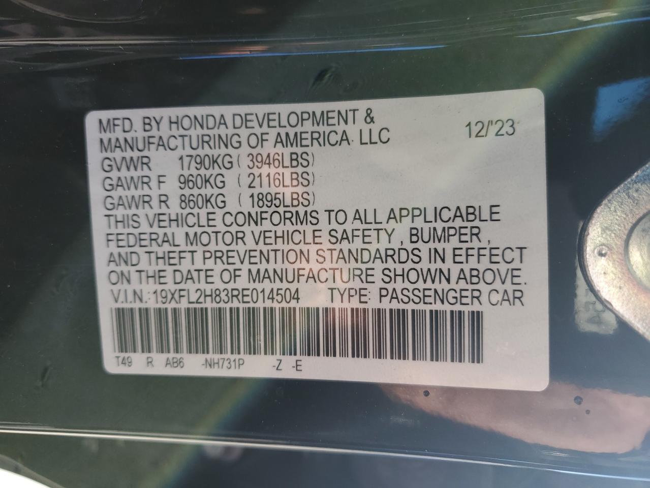 2024 HONDA CIVIC SPORT VIN:19XFL2H83RE014504