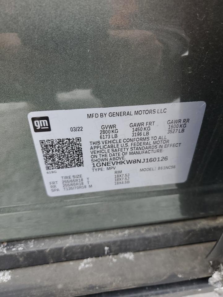 2022 CHEVROLET TRAVERSE LT VIN:1GNEVHKW8NJ160126