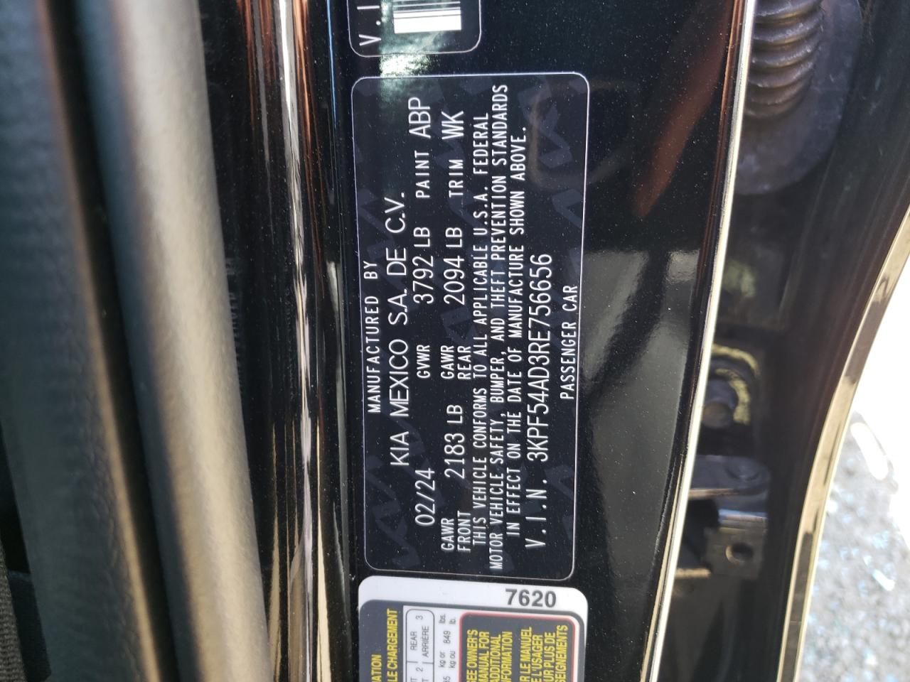 2024 KIA FORTE GT LINE VIN:3KPF54AD3RE756656