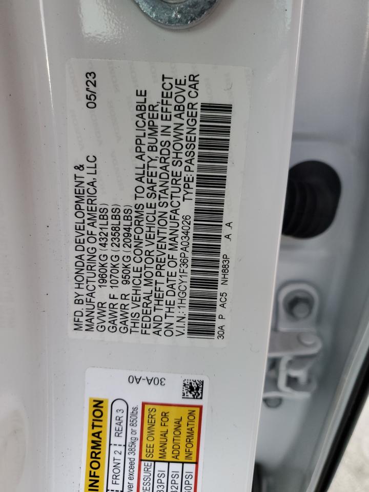2023 HONDA ACCORD EX VIN:1HGCY1F36PA034026