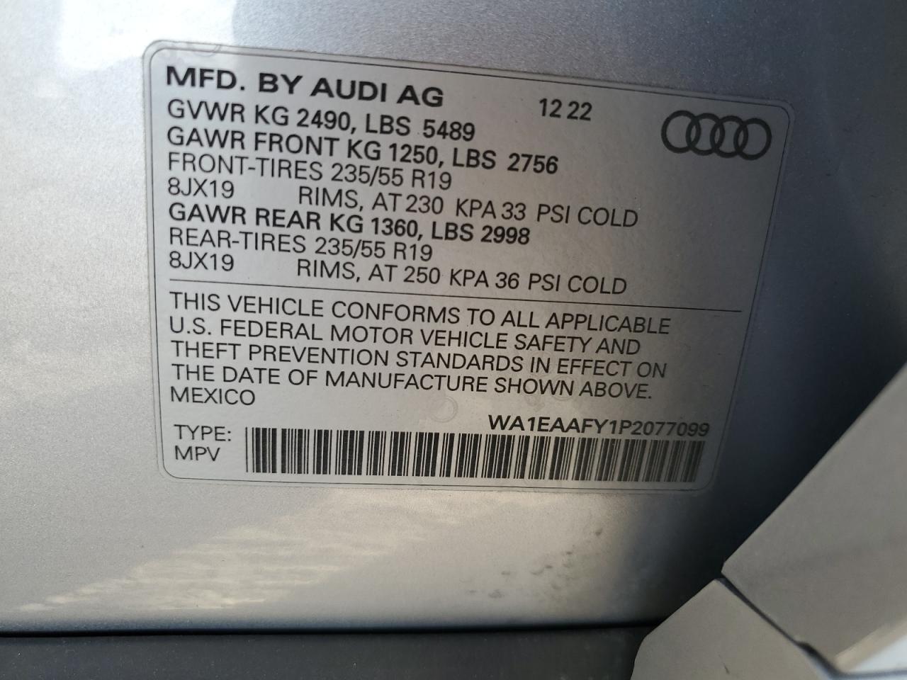 2023 AUDI Q5 PREMIUM PLUS 45 VIN:WA1EAAFY1P2077099