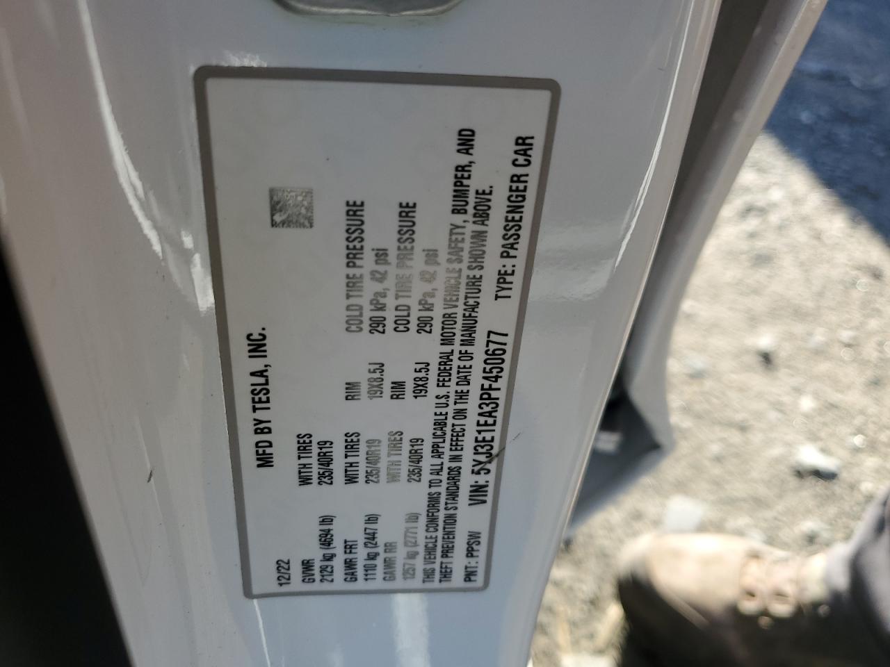 2023 TESLA MODEL 3 VIN:5YJ3E1EA3PF450677