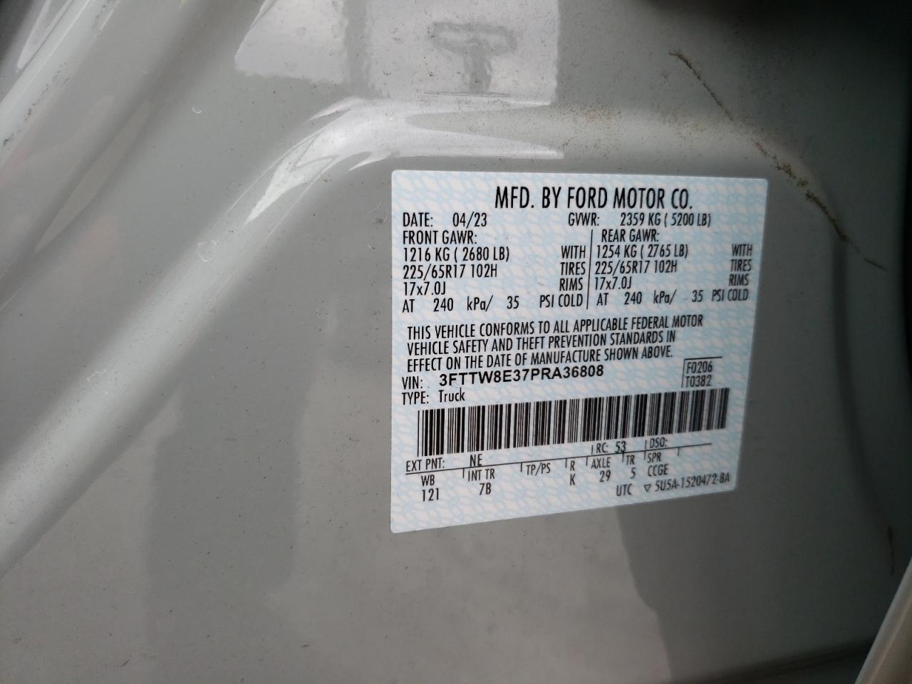 2023 FORD MAVERICK XL VIN:3FTTW8E37PRA36808