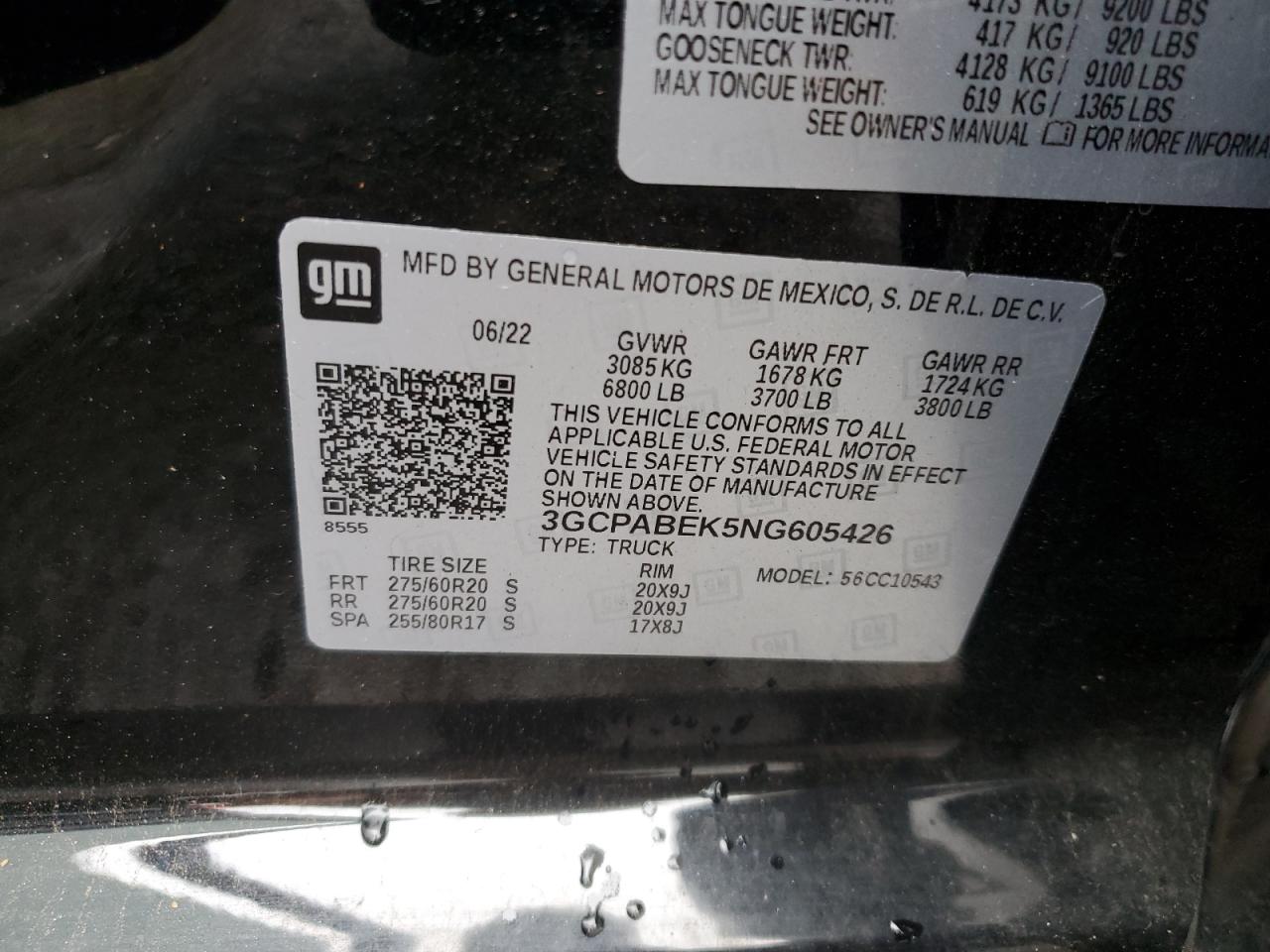 2022 CHEVROLET SILVERADO C1500 CUSTOM VIN:3GCPABEK5NG605426