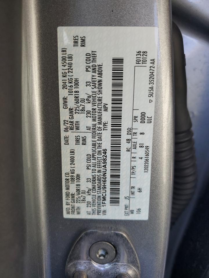 2022 FORD ESCAPE SEL VIN:1FMCU9H60NUA98246