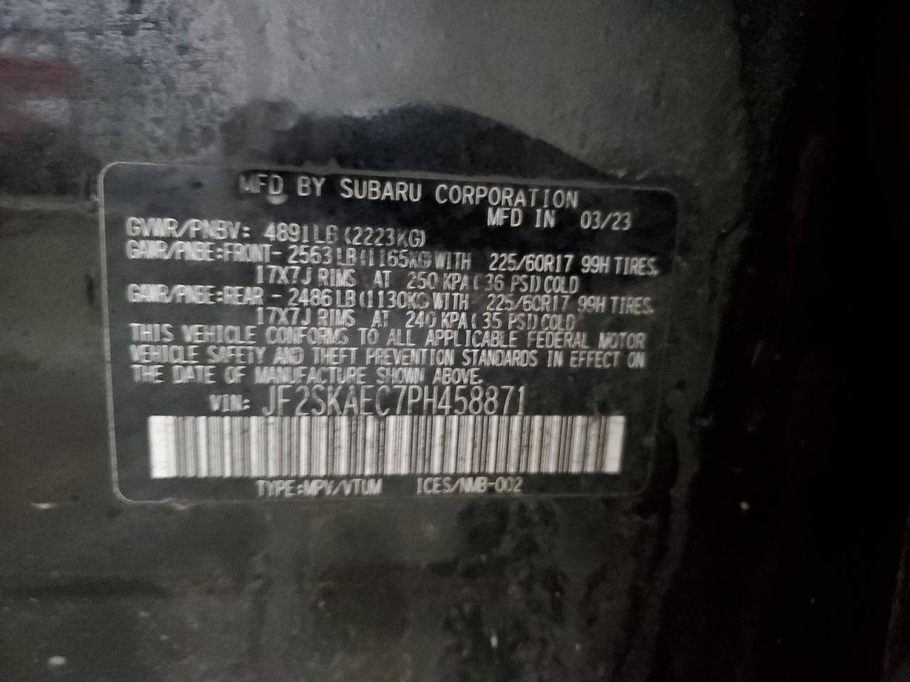 2023 SUBARU FORESTER PREMIUM VIN:JF2SKAEC7PH458871