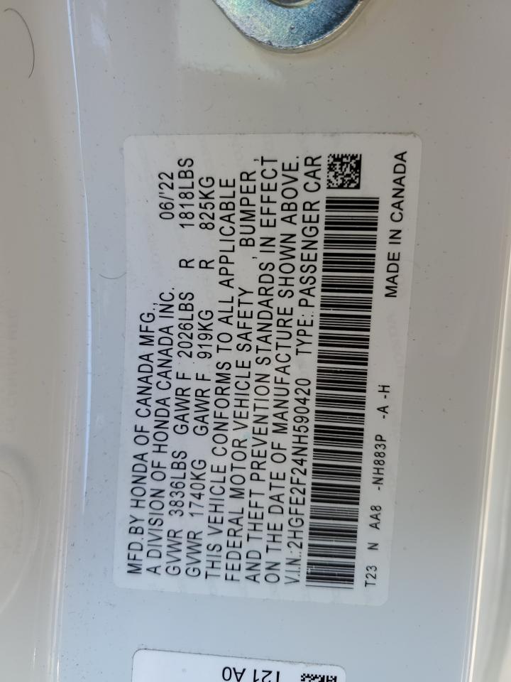 2022 HONDA CIVIC LX VIN:2HGFE2F24NH590420