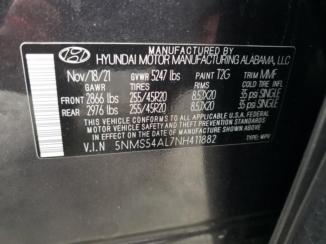 2022 HYUNDAI SANTA FE CALLIGRAPHY VIN:5NMS54AL7NH411882