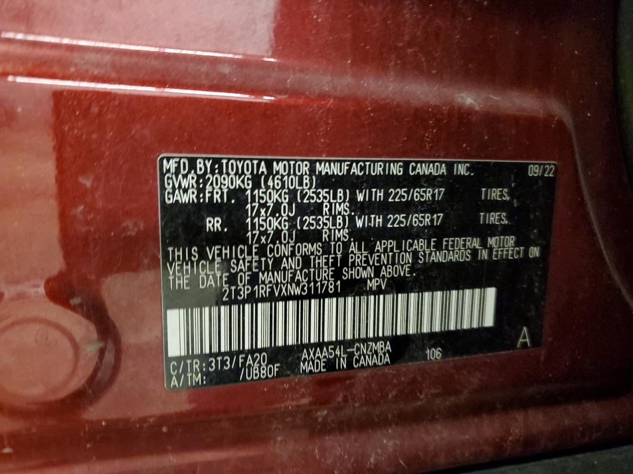 2022 TOYOTA RAV4 XLE VIN:2T3P1RFVXNW311781