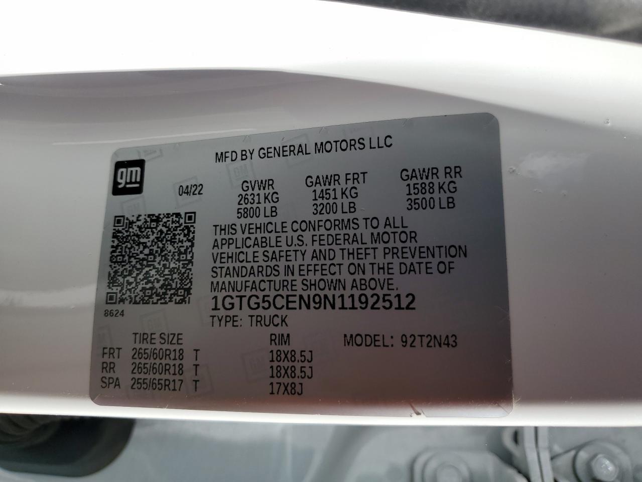 2022 GMC CANYON ELEVATION VIN:1GTG5CEN9N1192512