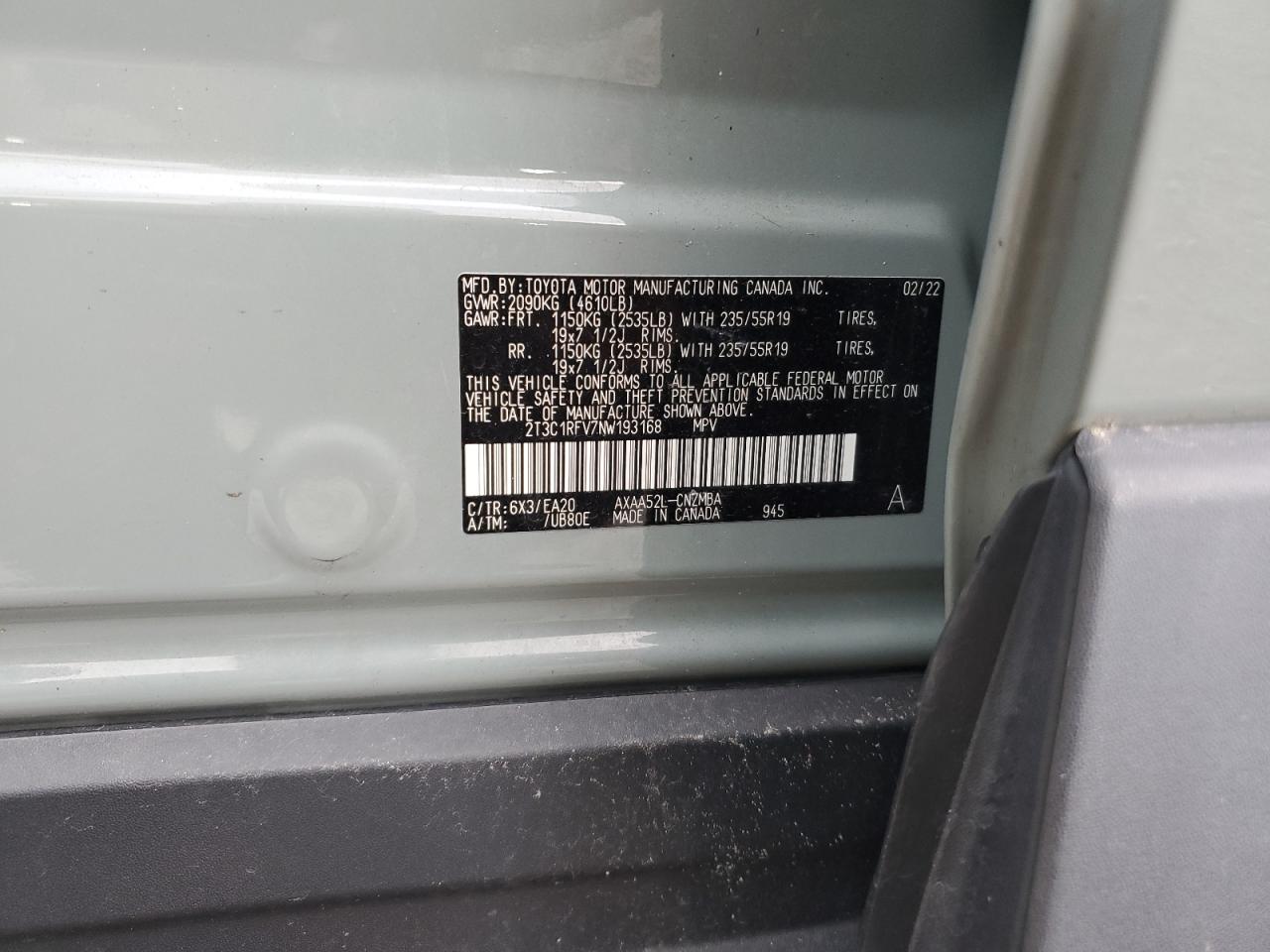 2022 TOYOTA RAV4 XLE PREMIUM VIN:2T3C1RFV7NW193168