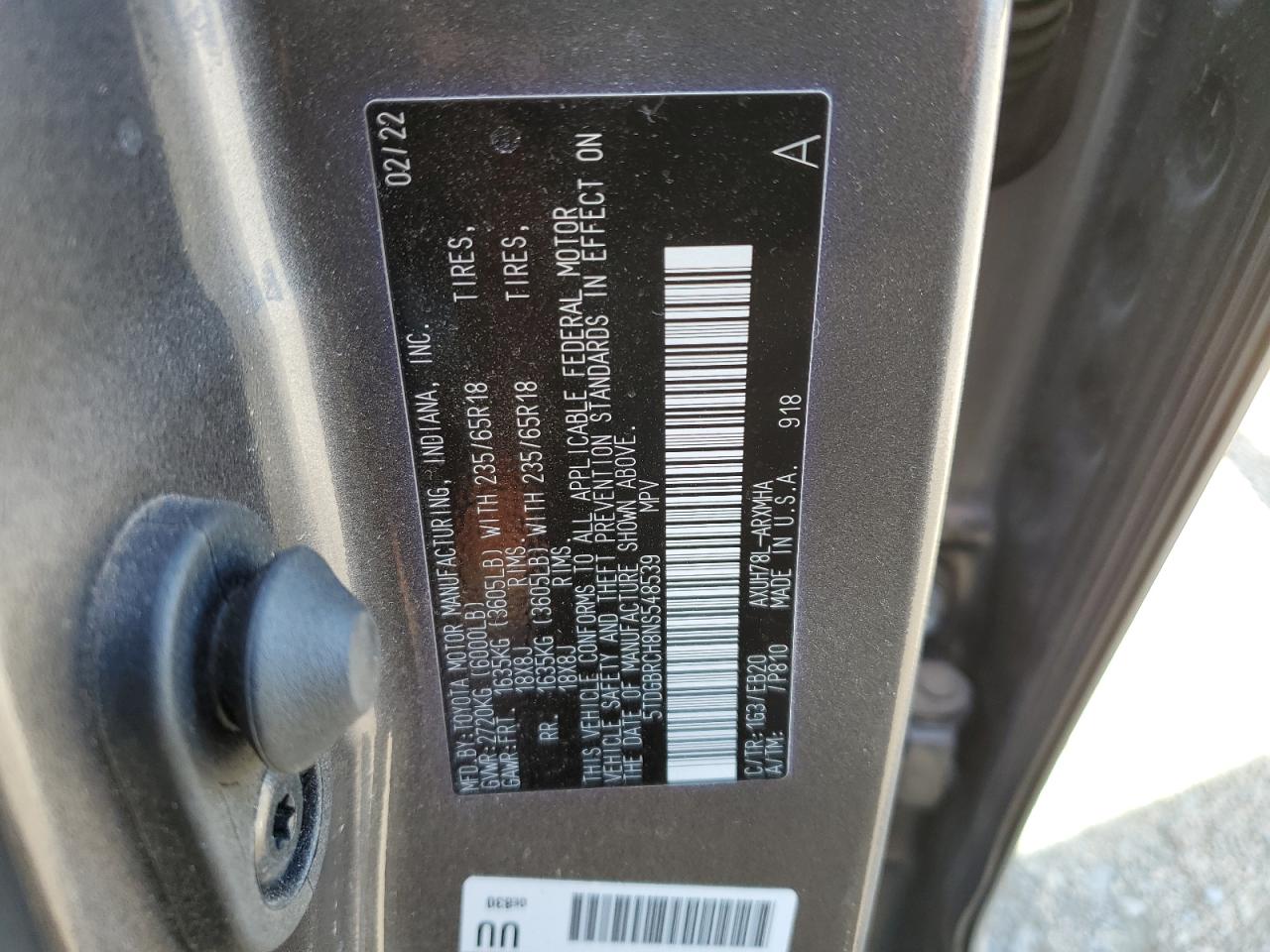2022 TOYOTA HIGHLANDER HYBRID XLE VIN:5TDGBRCH8NS548539