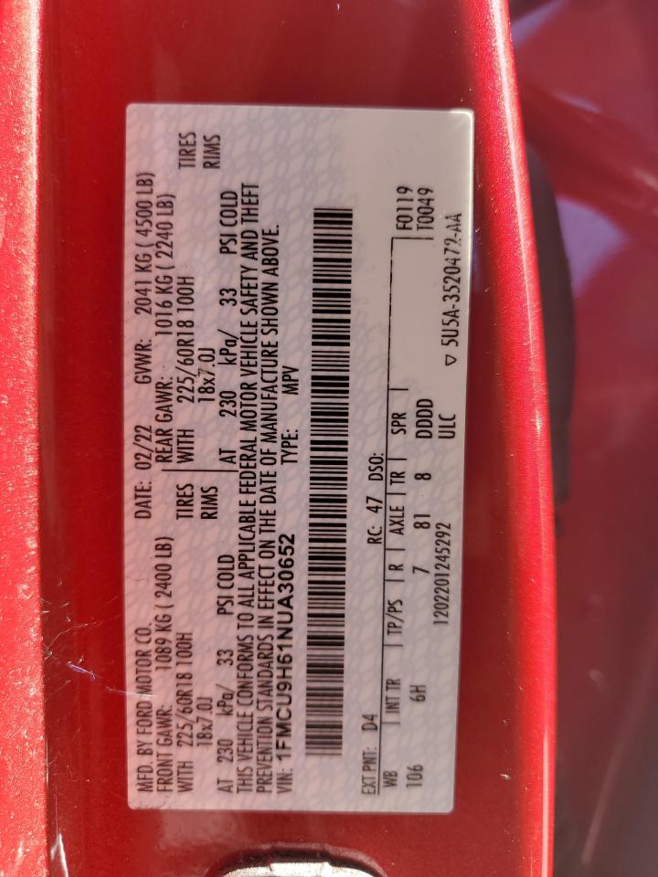 2022 FORD ESCAPE SEL VIN:1FMCU9H61NUA30652