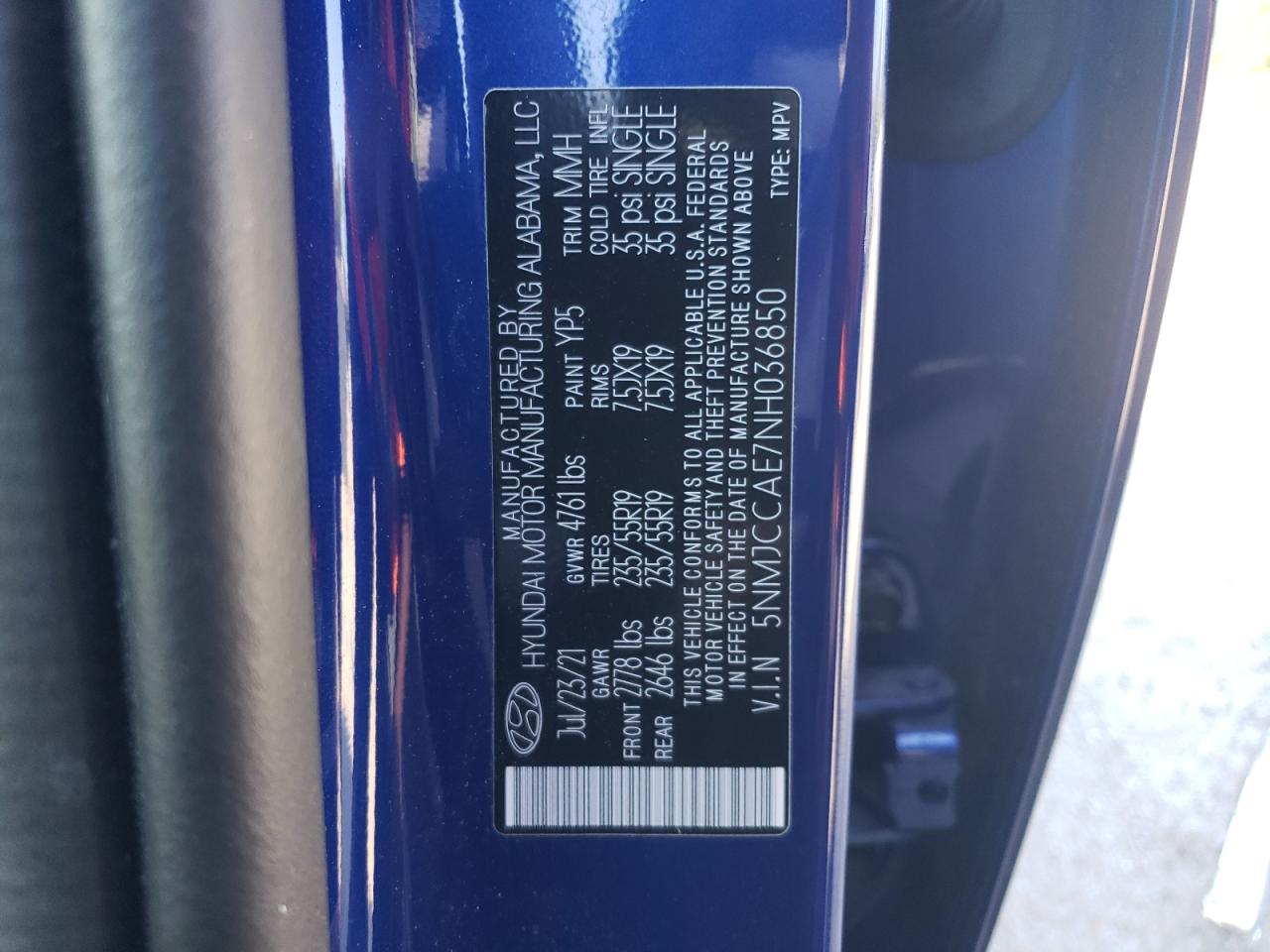 2022 HYUNDAI TUCSON SEL VIN:5NMJCCAE7NH036850