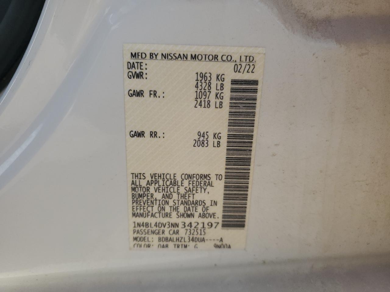 2022 NISSAN ALTIMA SV VIN:1N4BL4DV3NN342197